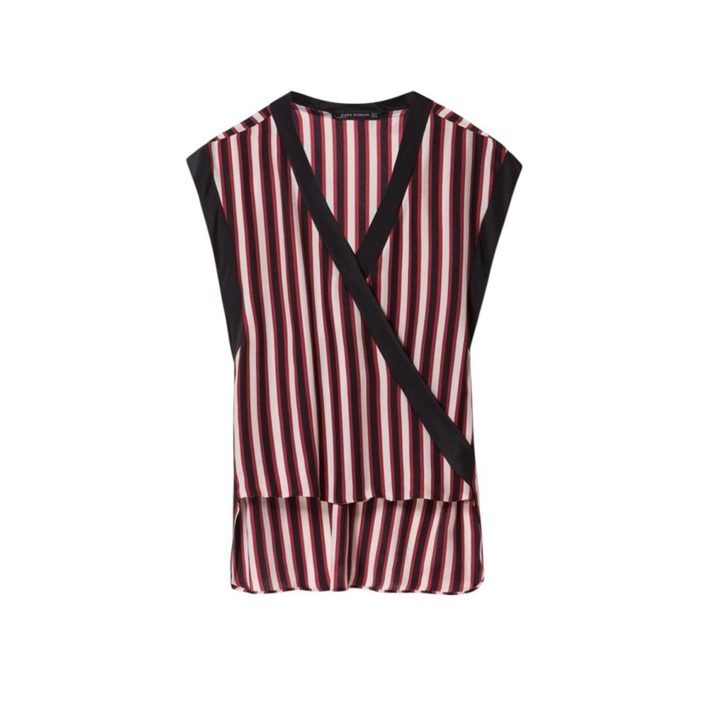 Zara Woman 100% Silk Striped Sleeveless Blouse Red Black White Wrap Top Size M